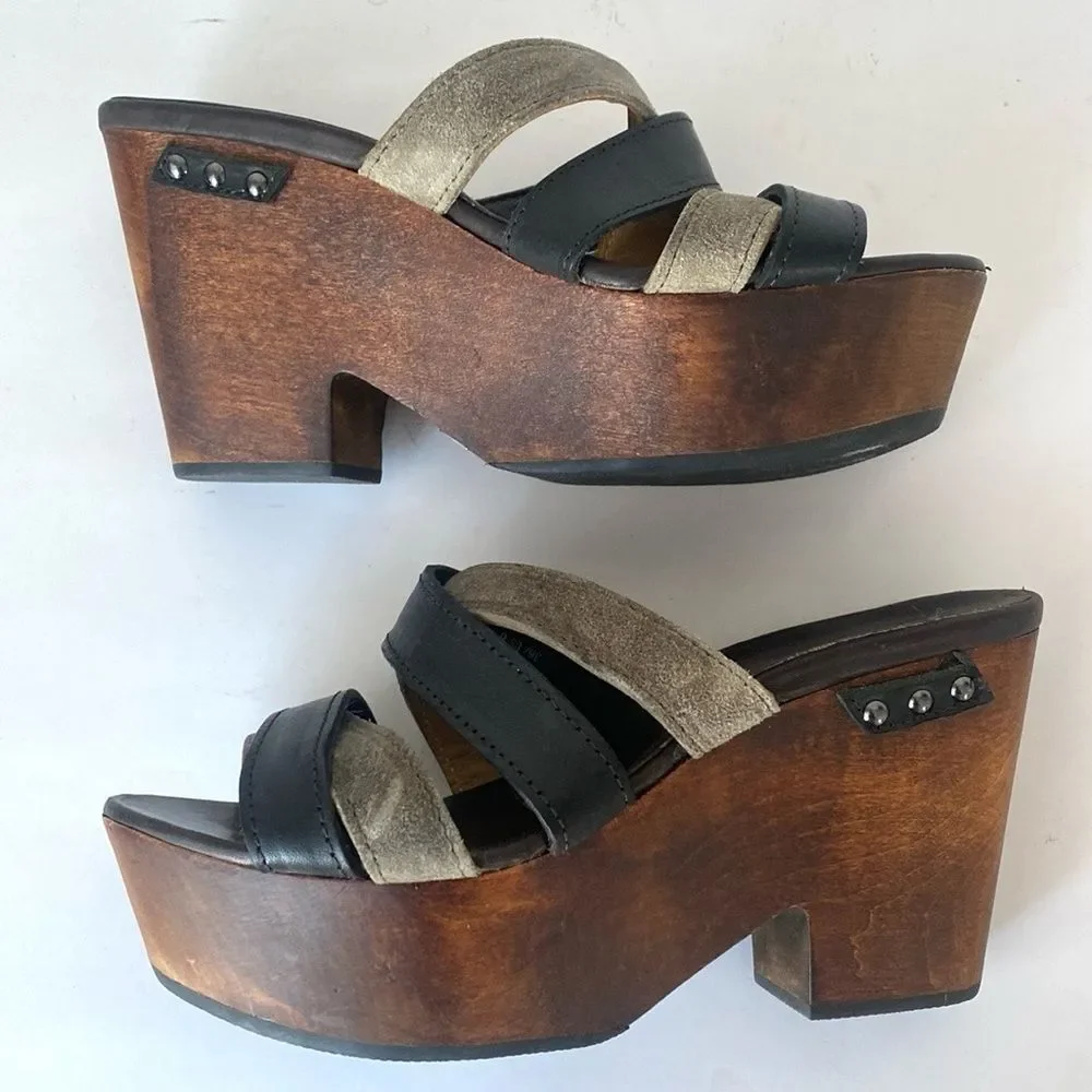 Rag & Bone Black & Tope Leather Platform 4” Wood Heels sz 6 Urban Edge Model